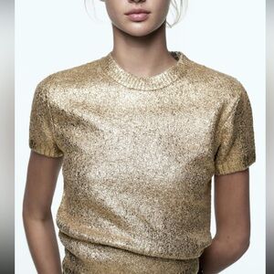 ZARA Gold Metallic Foil Short Sleeve Sweater NWT